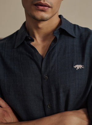 Marine Navy Melange Check Cotton Shirt