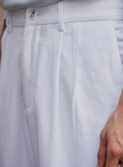 Frost White Cotton Pleated Trousers