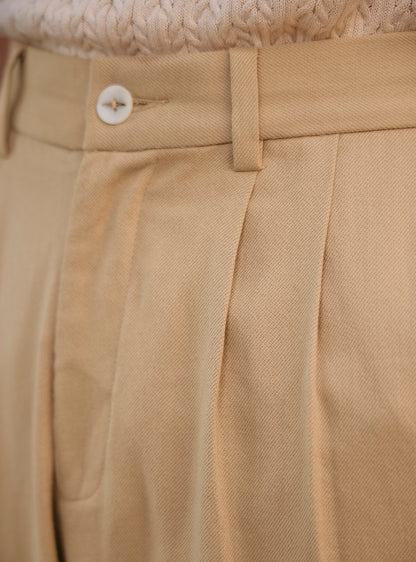 Camel Khaki Cotton Pleated Trousers