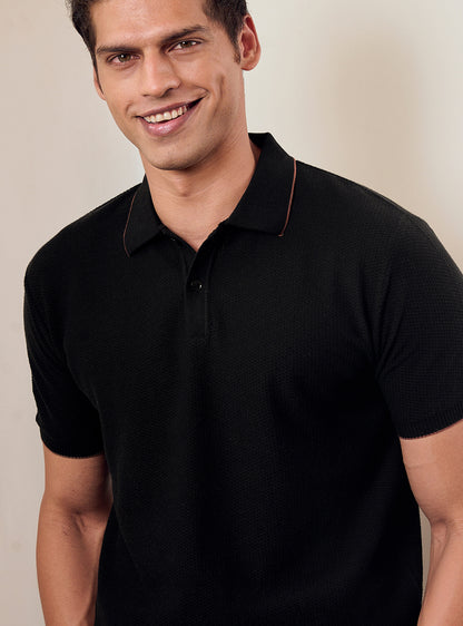 Licorice Black Cotton Pointelle Polo