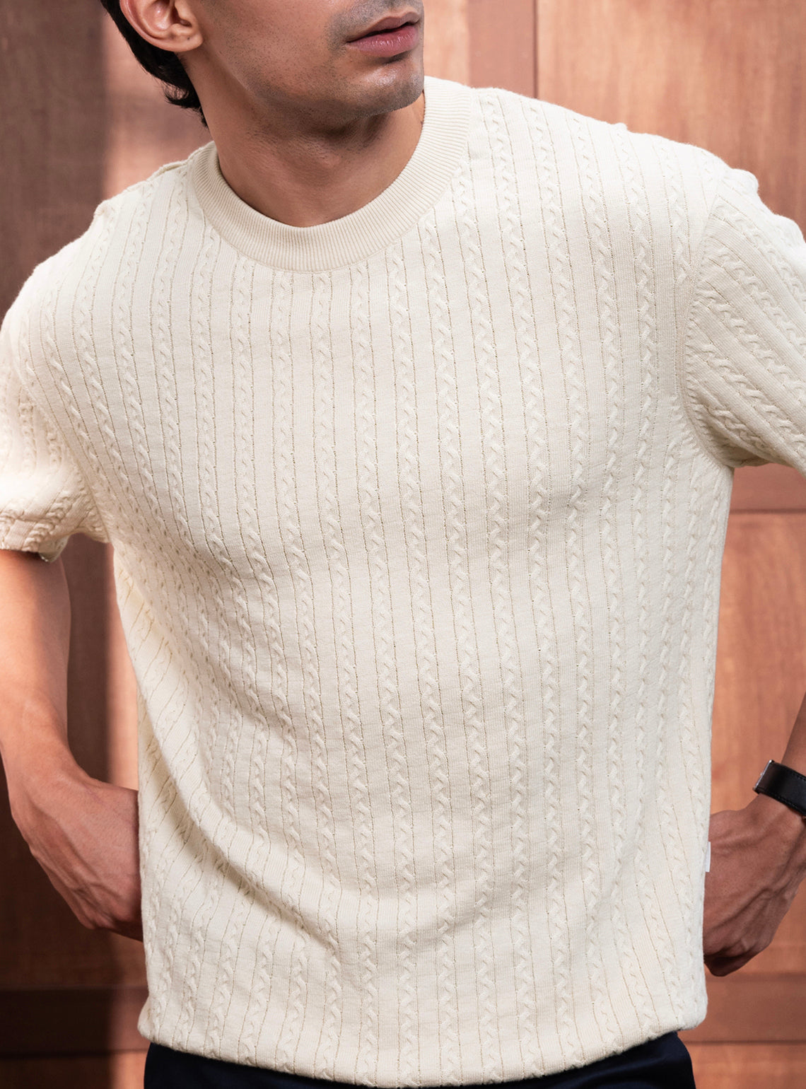 Swiss White Cotton Cable Knit Crew