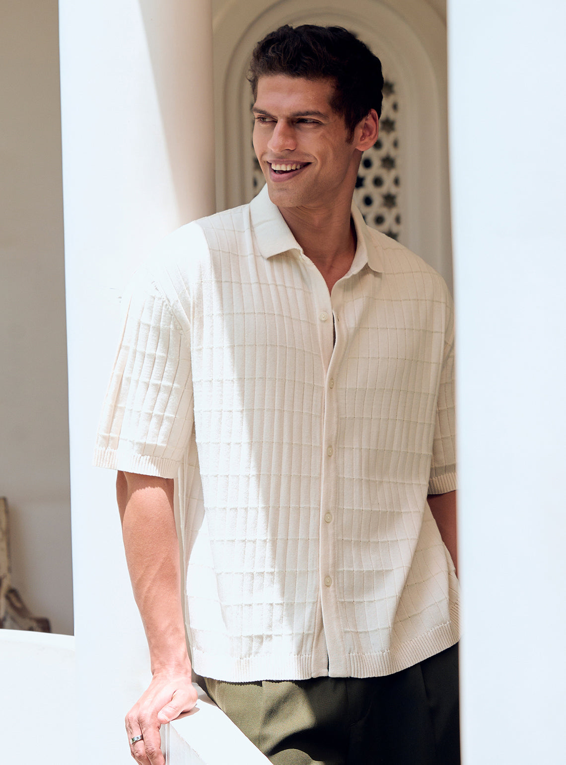 Pastel Beige Cotton Textured Shirt