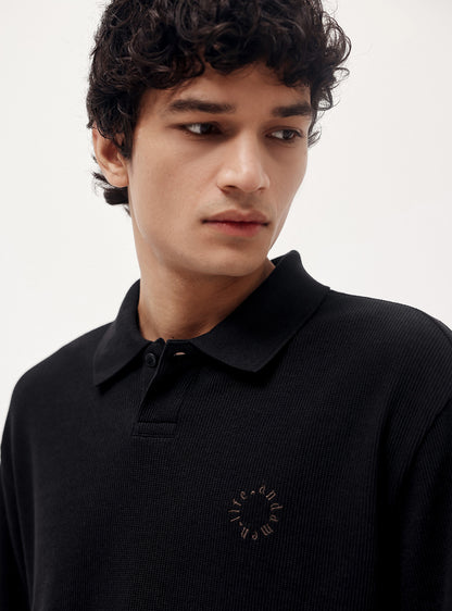 Bunker Black Cotton Blend Waffle Knit Polo