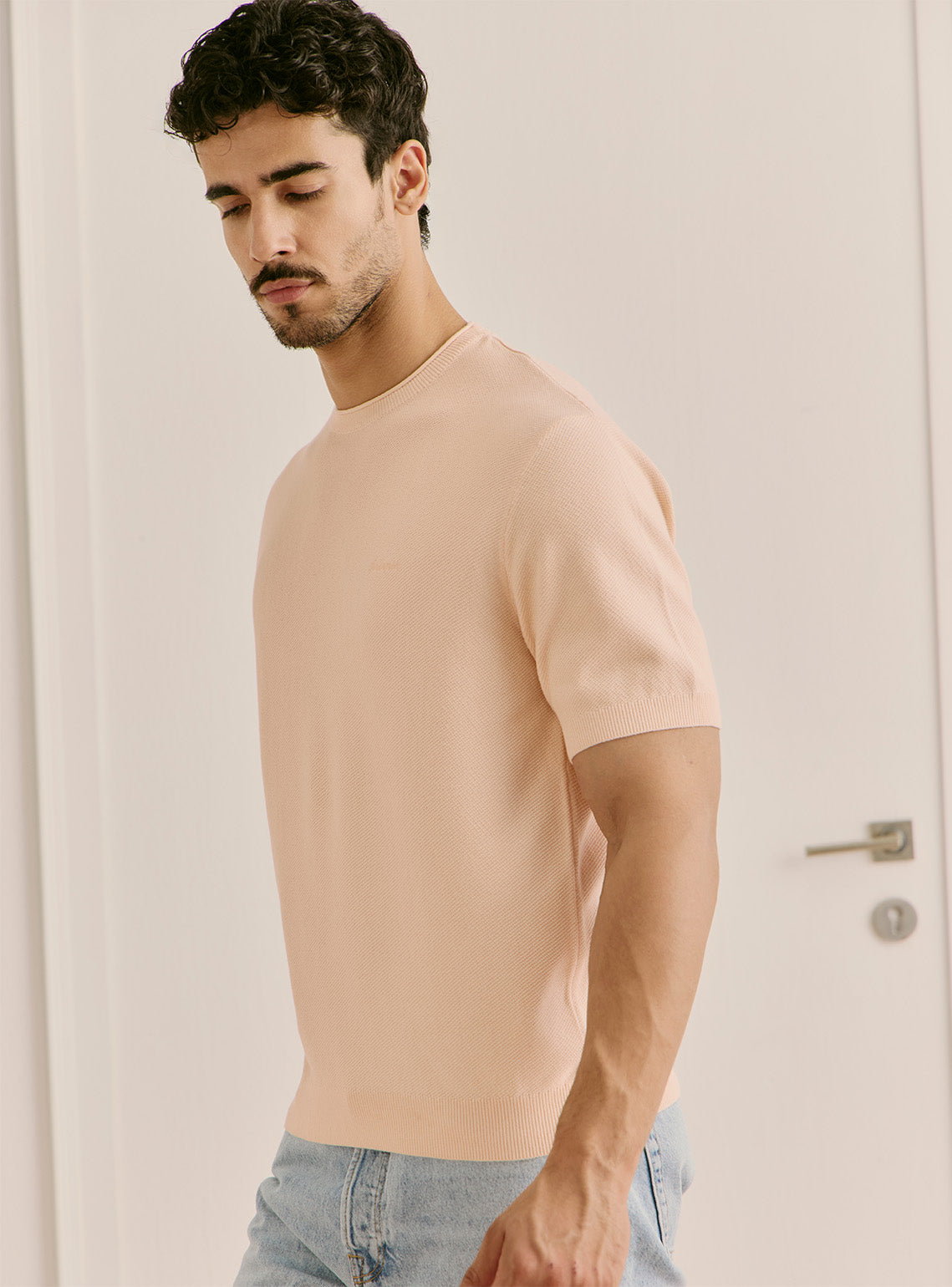 Petal Pink Cotton Honeycomb Knit Crewneck