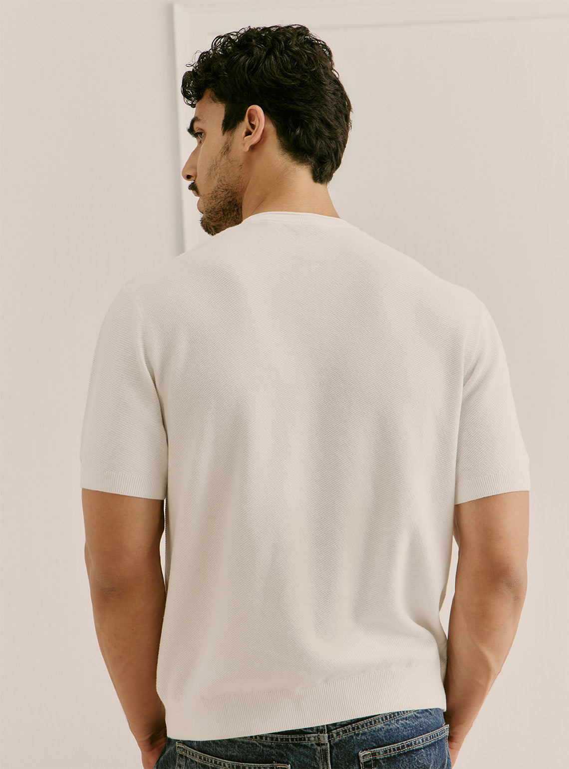 Daybreak White Cotton Honeycomb Knit Crewneck