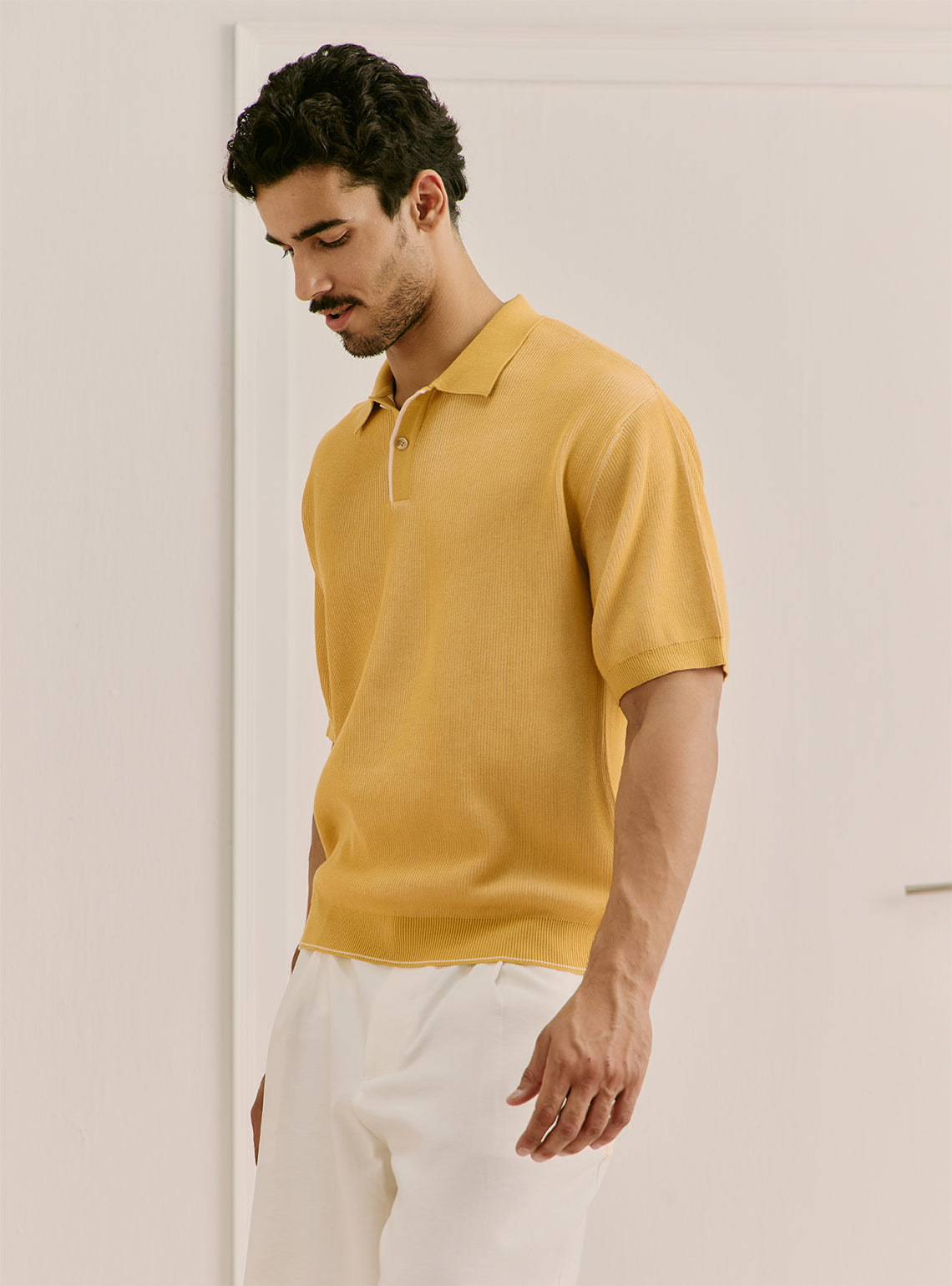 Solctice Yellow Cotton Structured Knit Polo