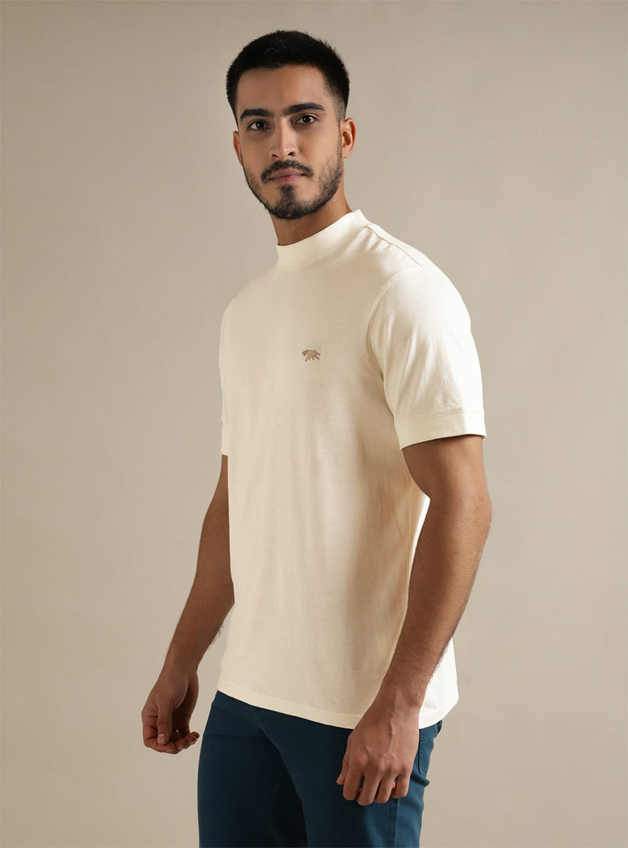 Buy Alp White Mock Neck | Casual Offwhite Solid Polos & Tees for Men ...