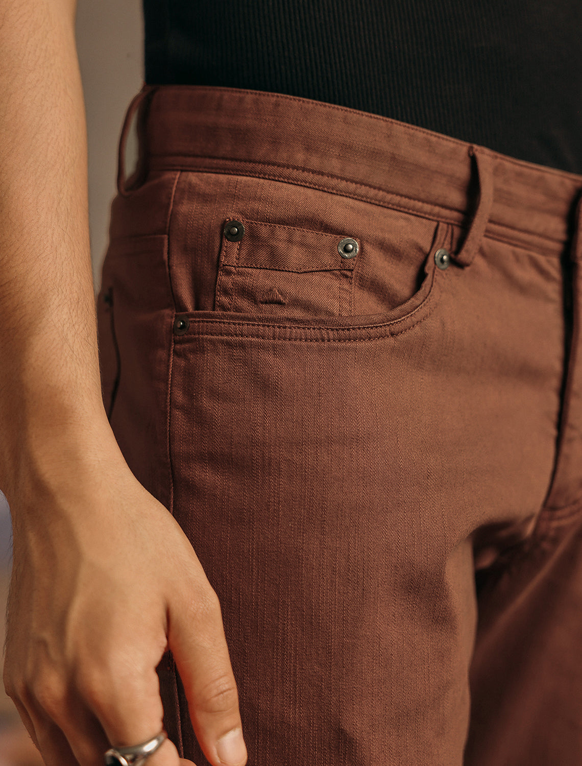 Saddle Brown Cotton Blend Overdye Denim Chinos