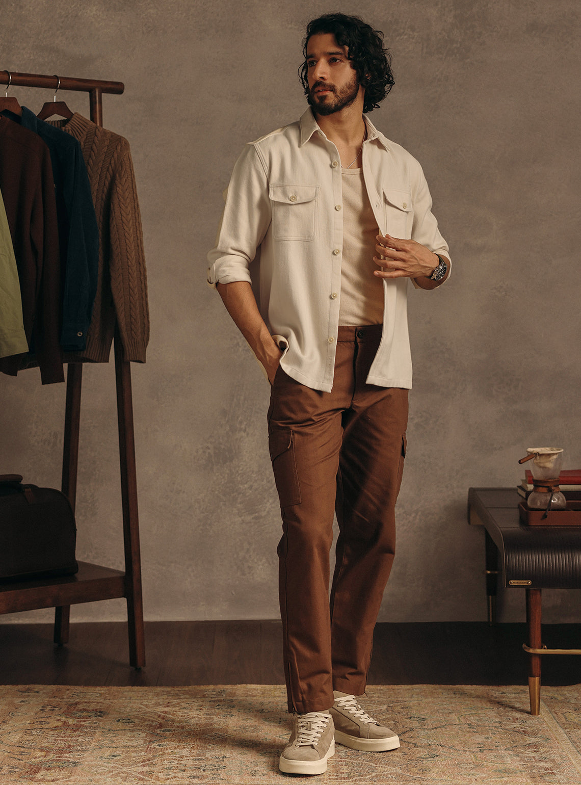 Napa Beige Cotton Herringbone Overshirt