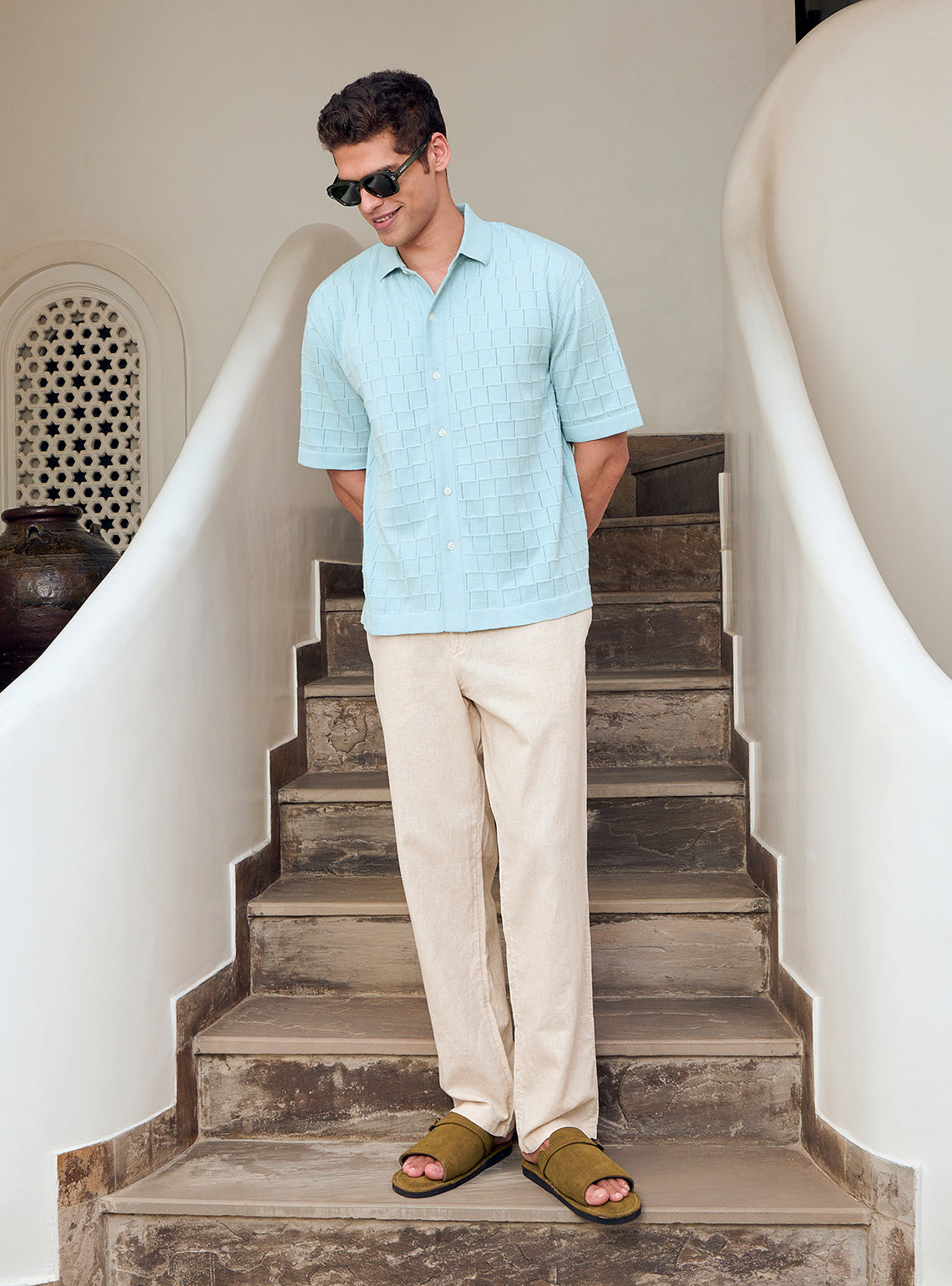 Ice Blue Cotton Pointelle Shirt