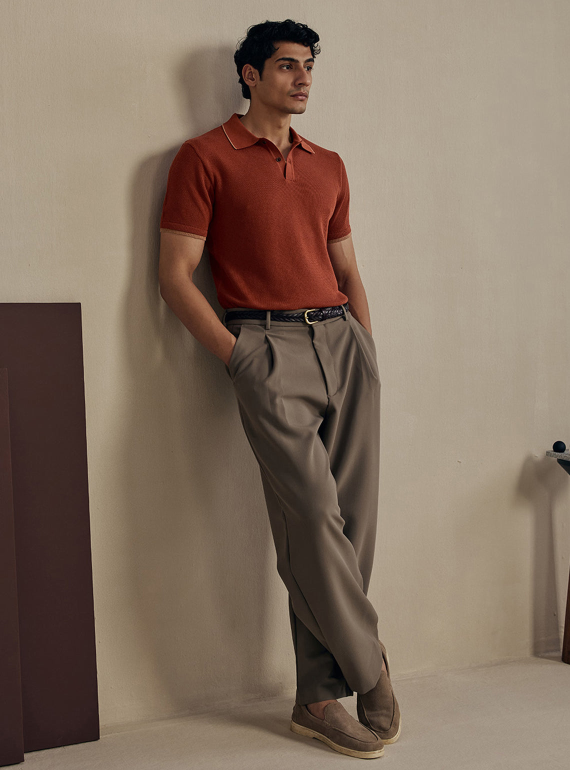 Burnt Rust Moss Knit Cotton Polo