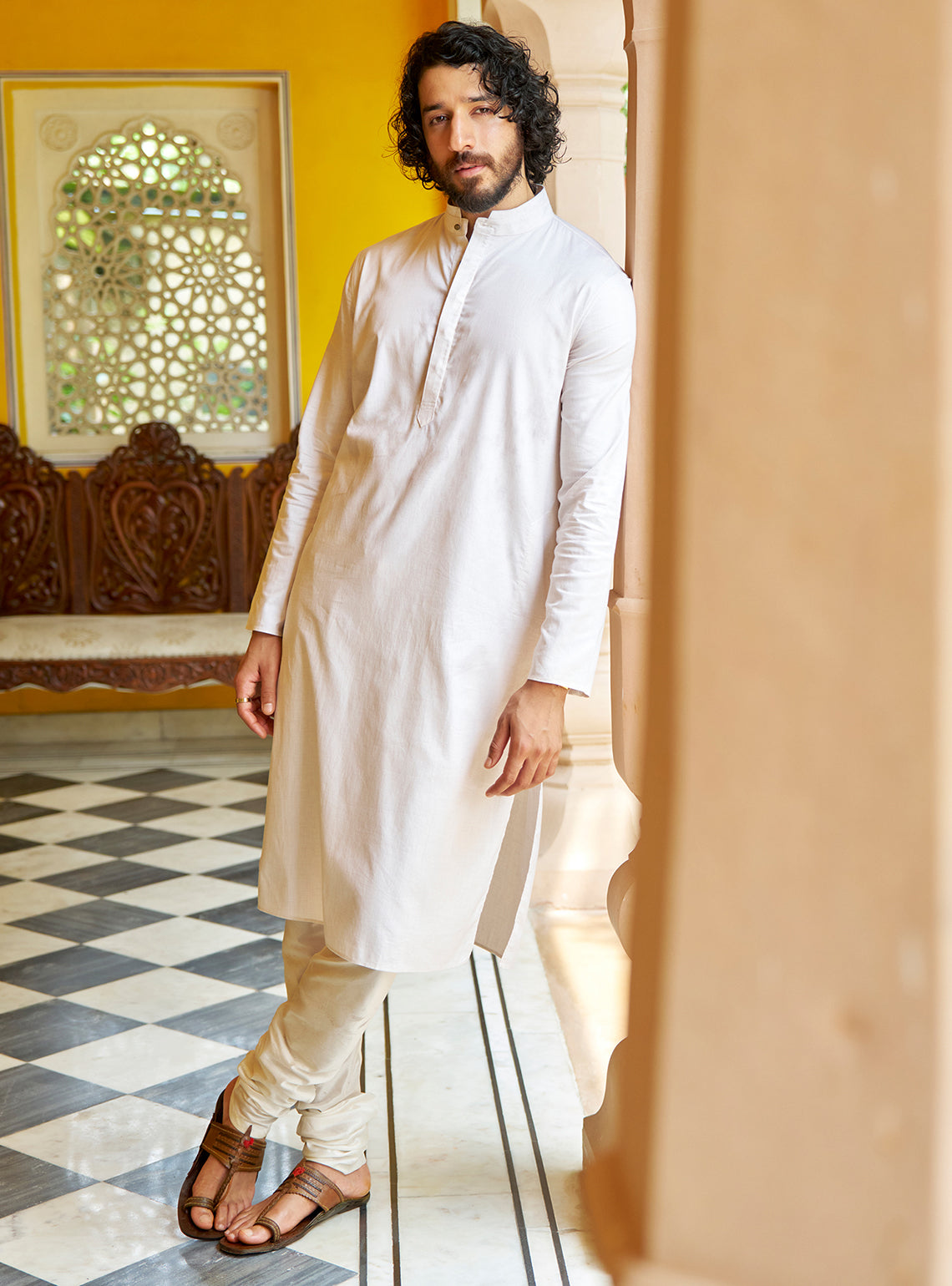 Mogra White Cotton Blend Melange Kurta