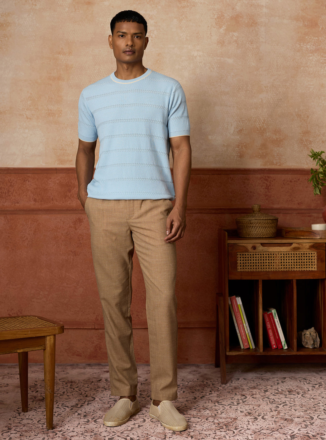 Harbour Blue Cotton Textured Crewneck