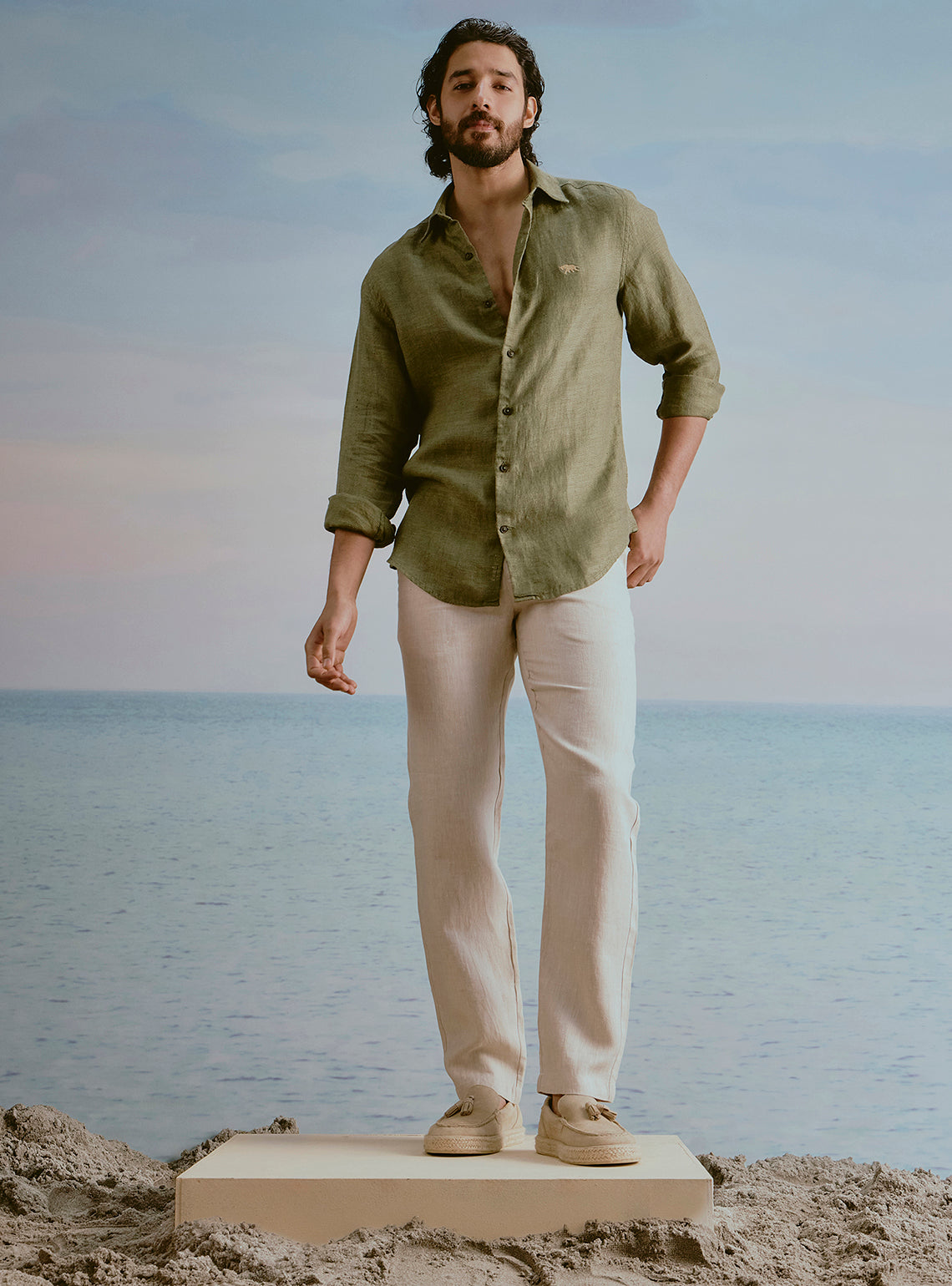 Moss Olive Linen Dobby Shirt