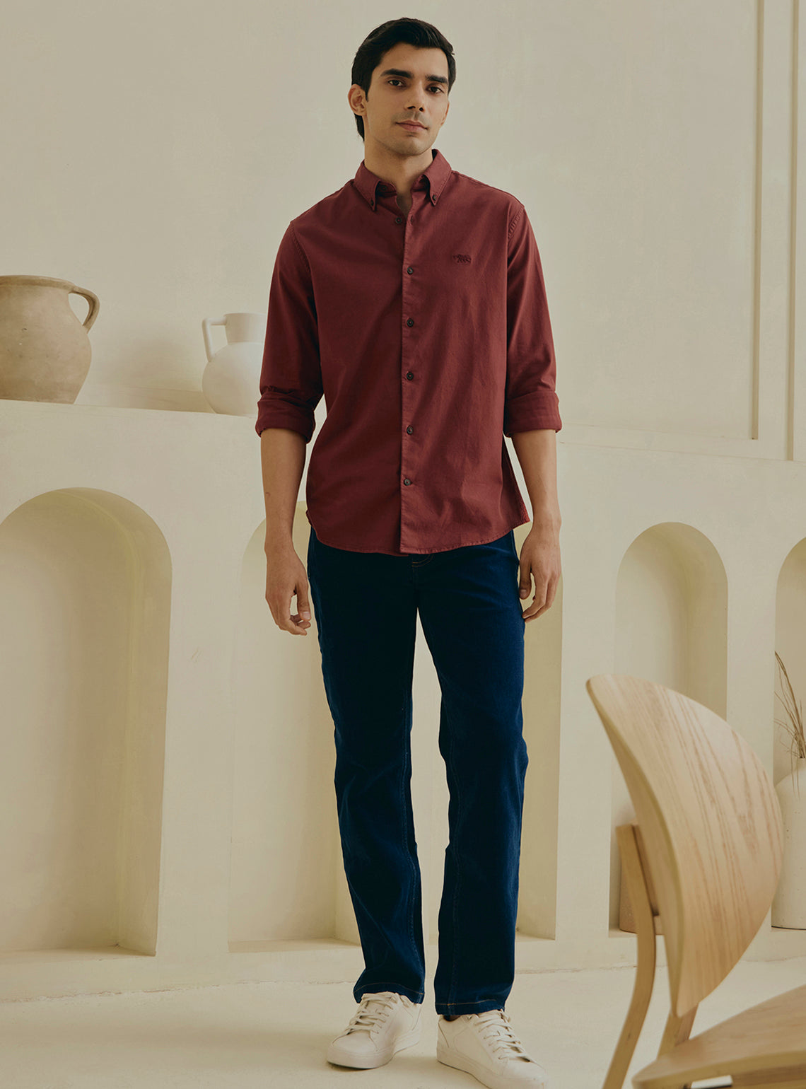 Cranberry Red Cotton Stretch Oxford Shirt