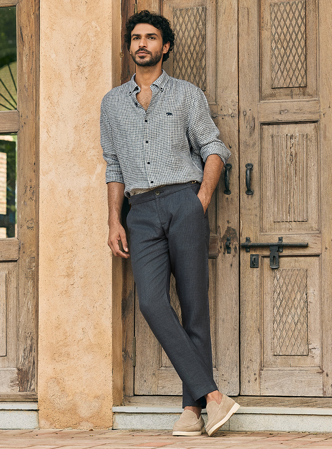 Flint Khaki European Linen Check Shirt