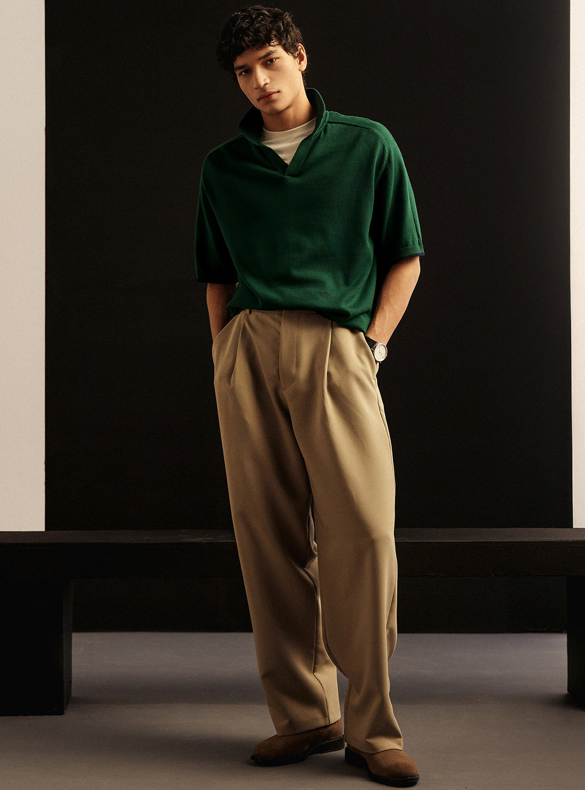 Nordic Green Cotton Micro Cable Knit Polo