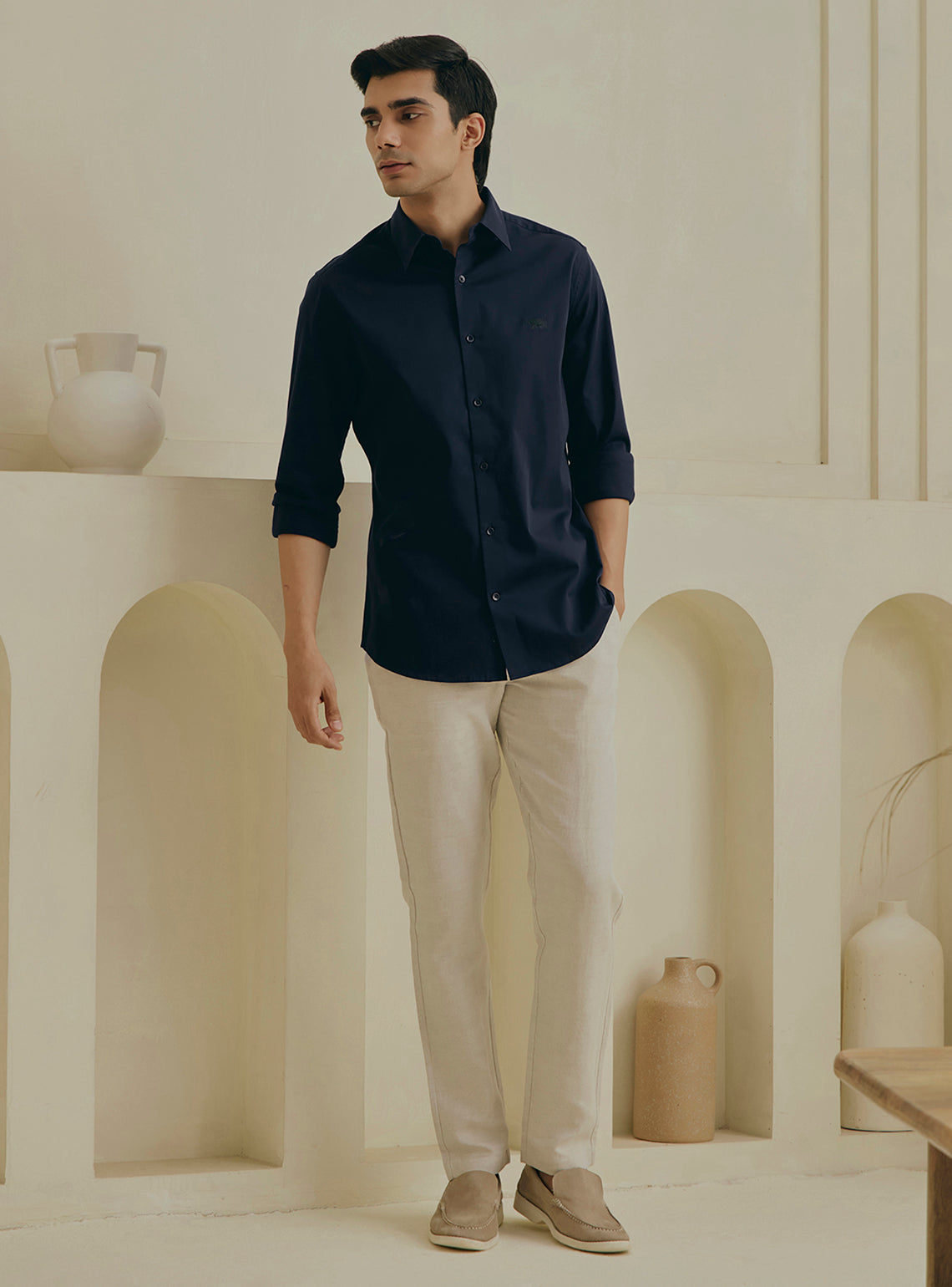 Azure Navy Cotton Stretch Satin Shirt
