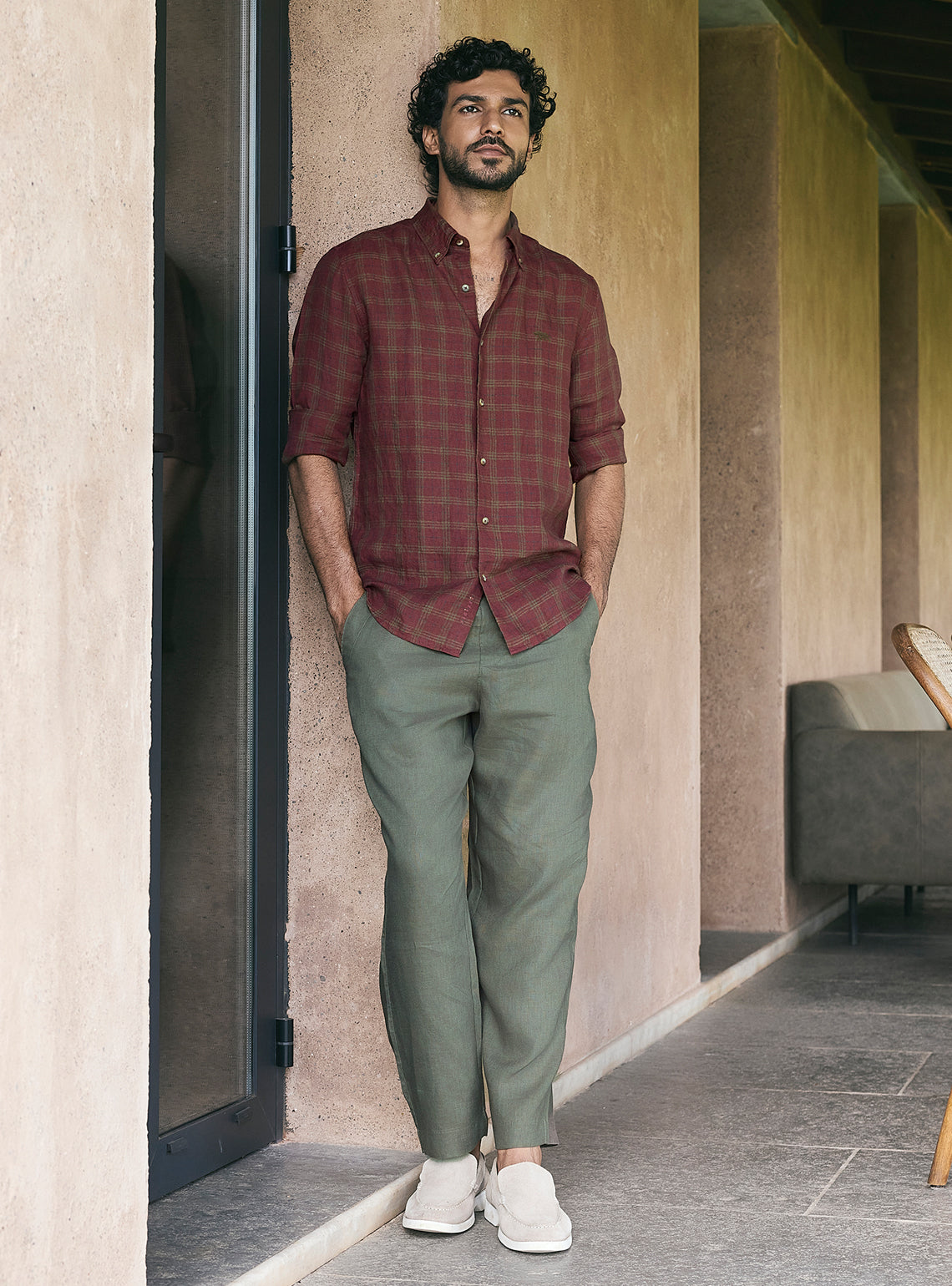Plum Burgundy Check Linen Shirt