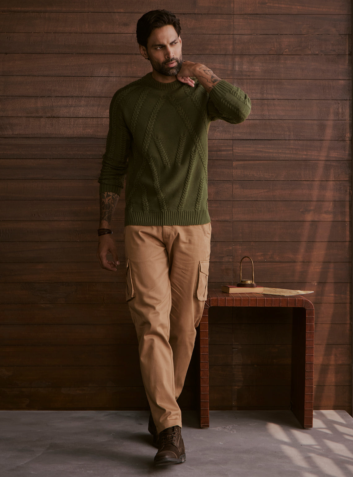Canopy Olive Cable Cotton Wool Pullover