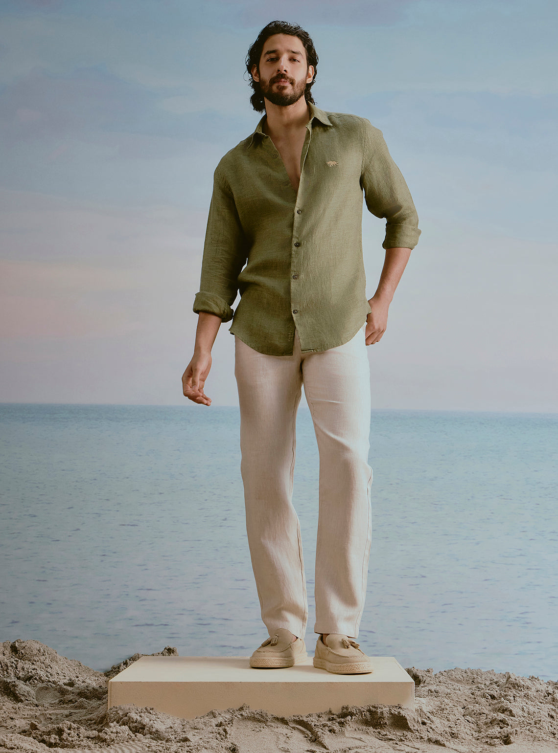 Moss Olive Linen Dobby Shirt