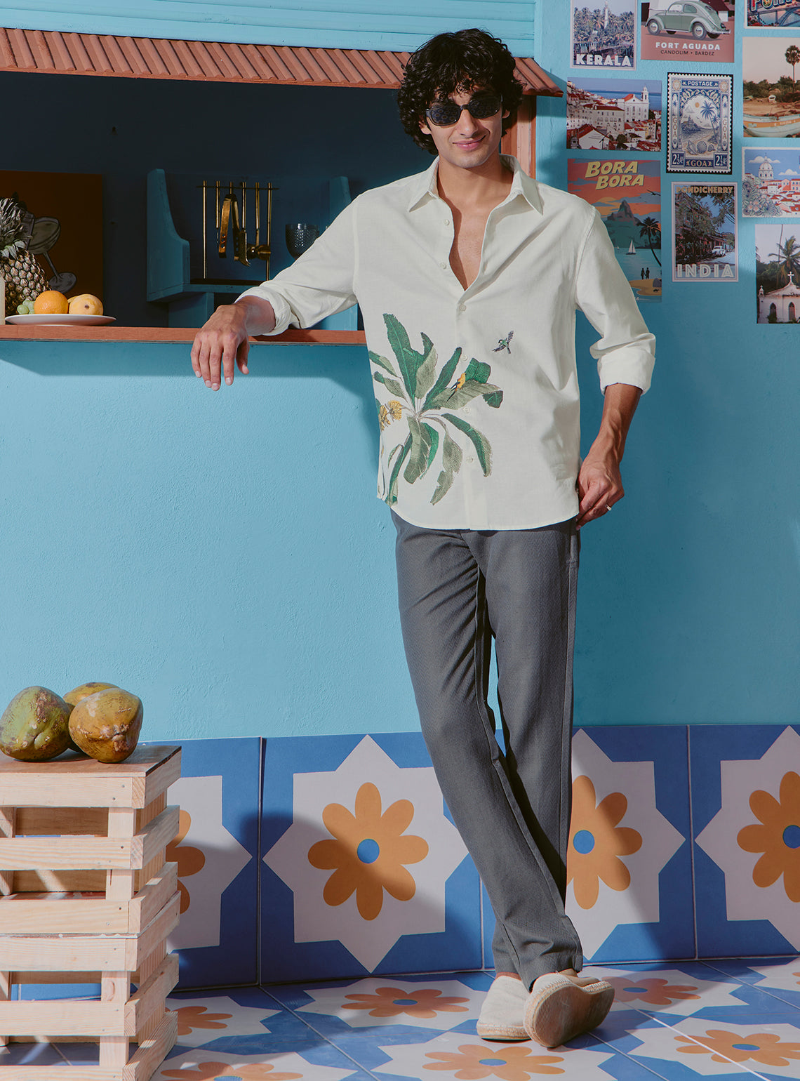 Mojito Green Cotton Linen Print Shirt