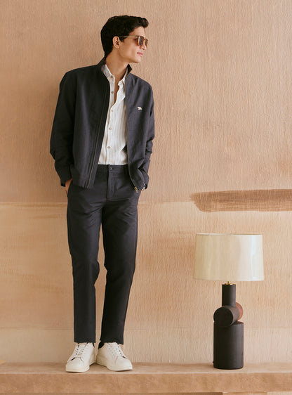 Onyx Black Cotton Linen Bomber