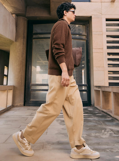 Camel Khaki Cotton Pleated Trousers