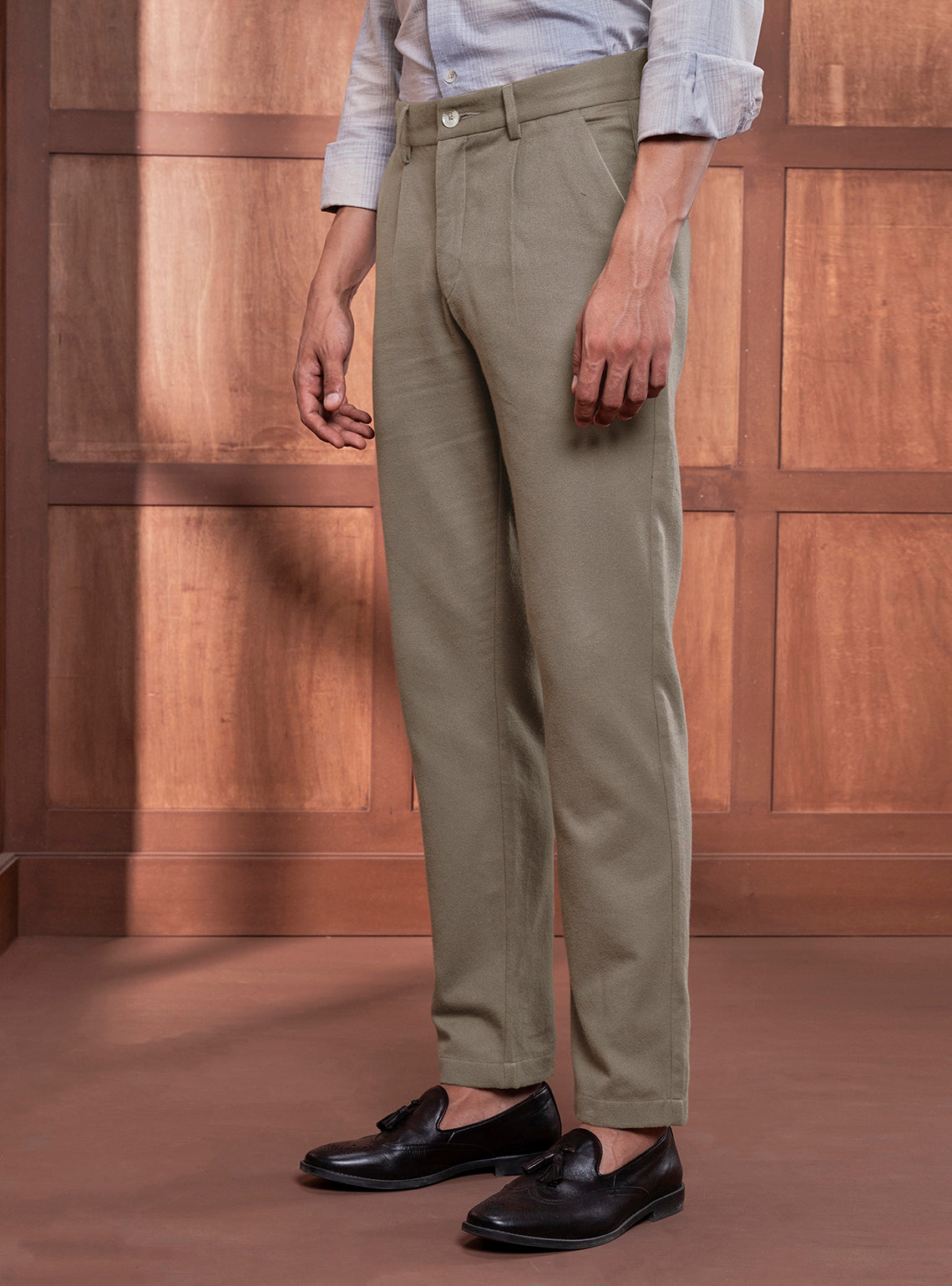Khaki Falcon Cotton Melange Trousers