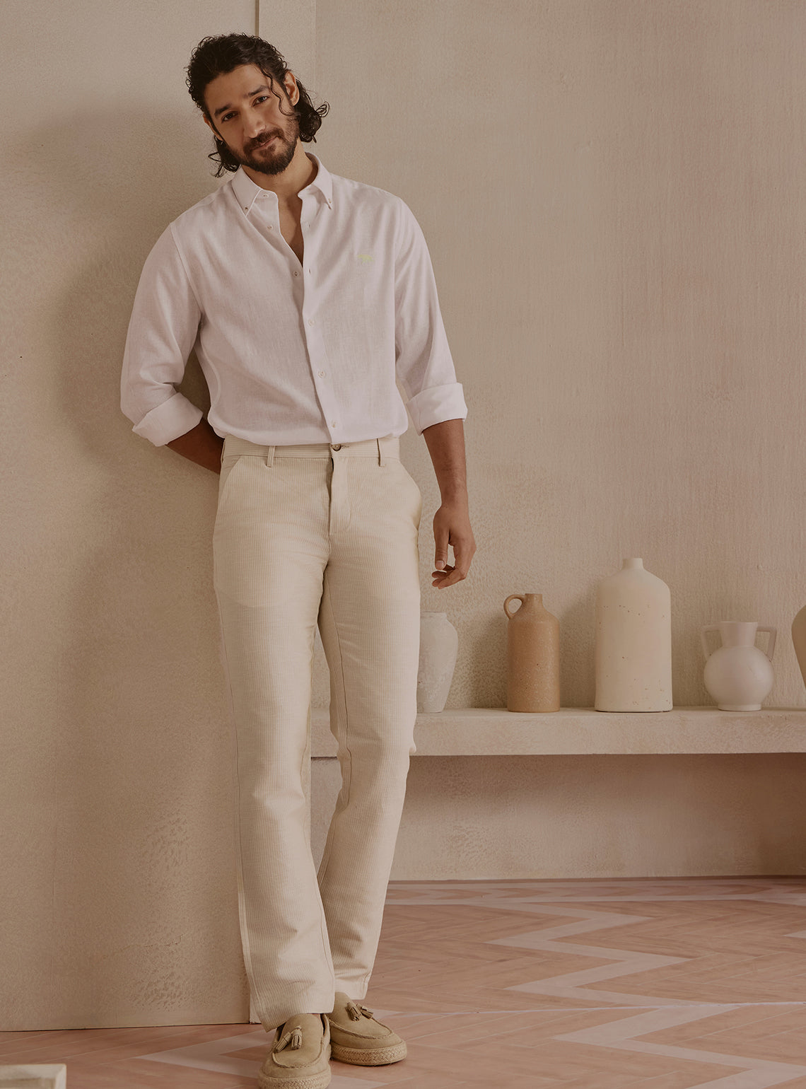 Dune Beige Linen Stripe Trousers