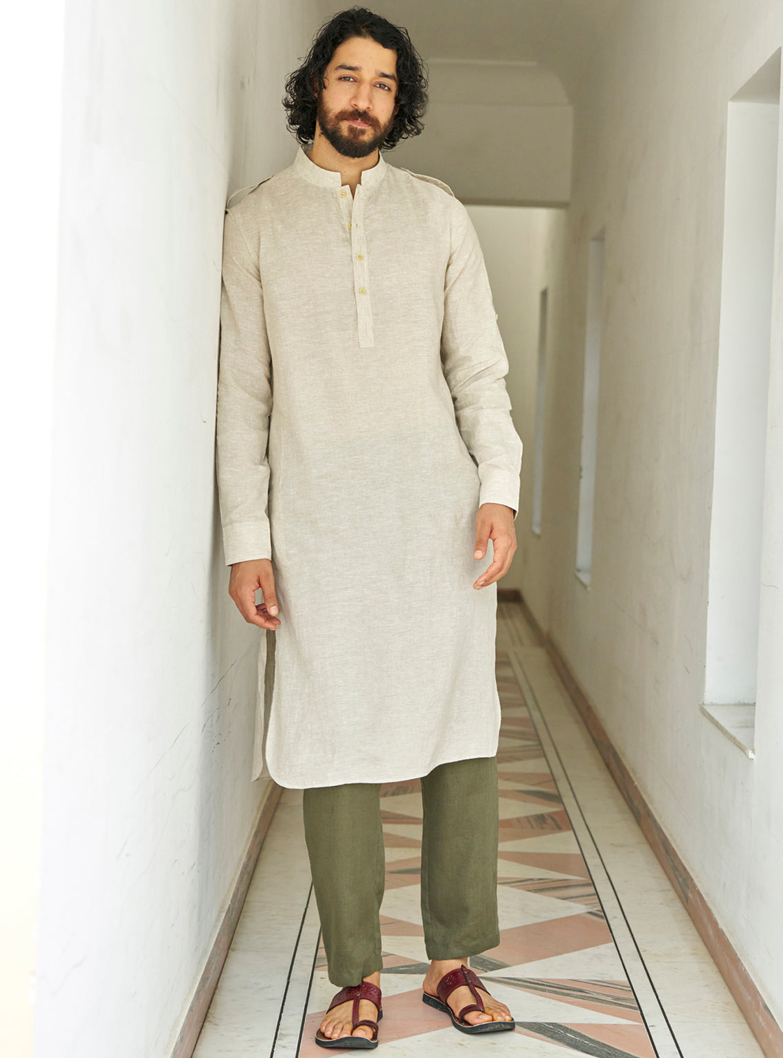 Kamal Khaki Linen Pathani Kurta