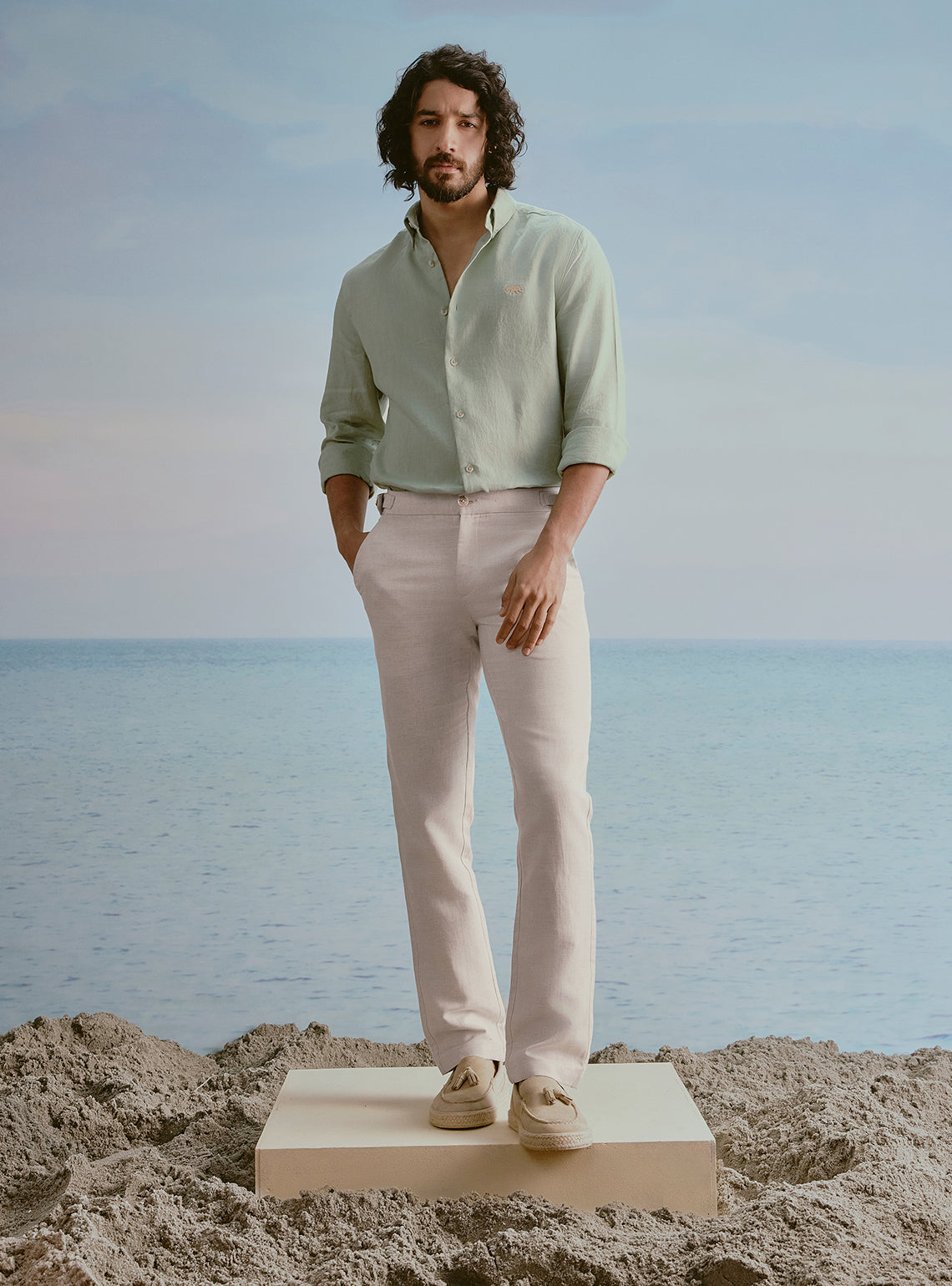 Dune Beige Linen Herringbone Trousers