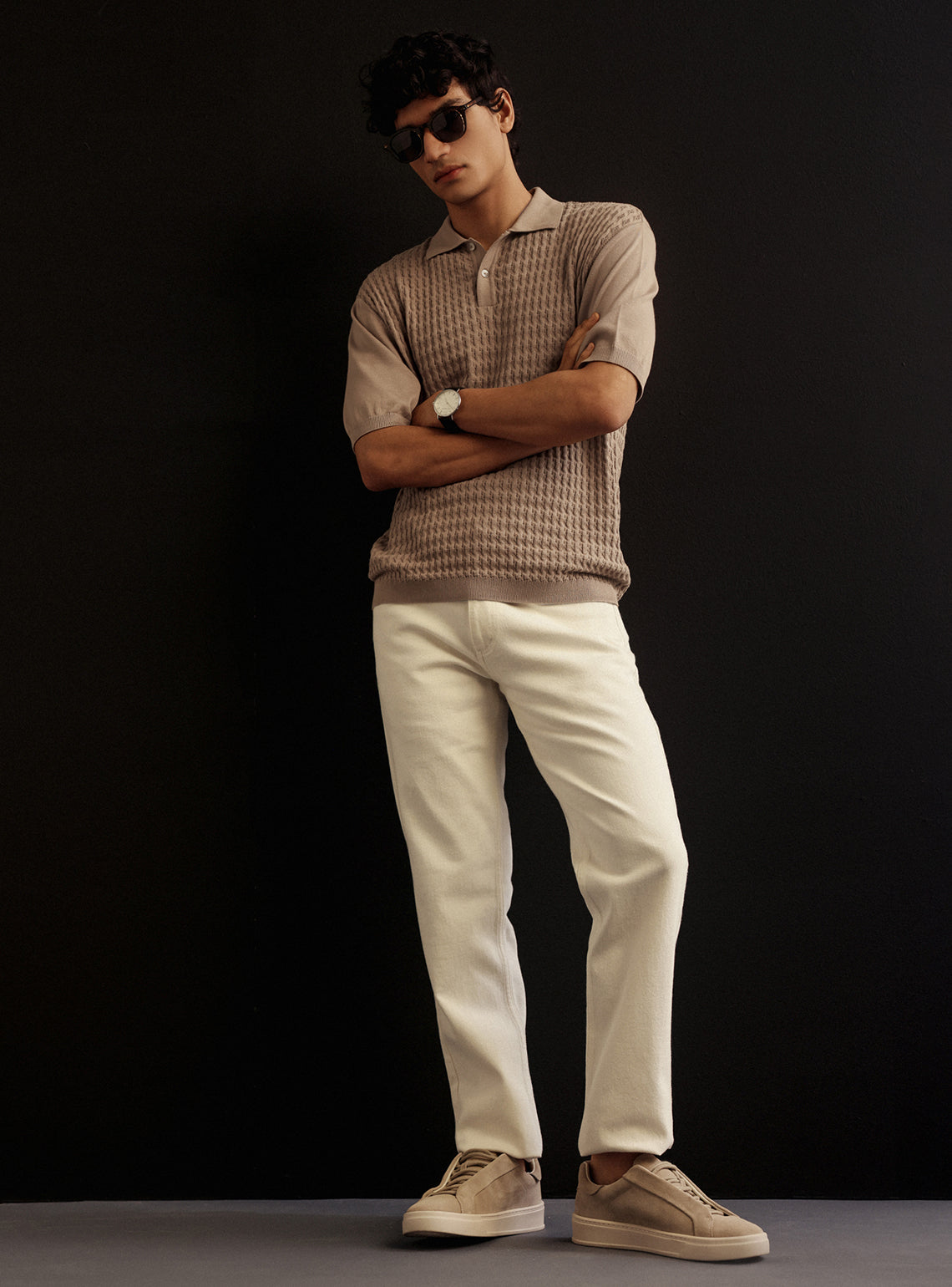 Khaki Spice Cotton Cable Knit Polo