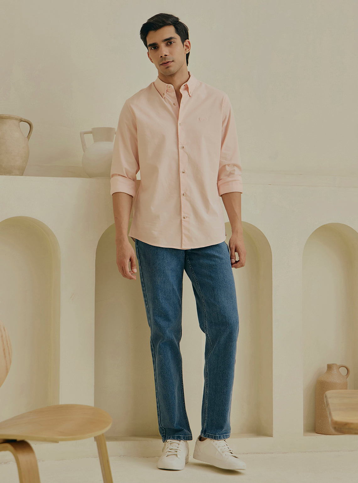 Peach Pink Cotton Stretch Oxford Shirt