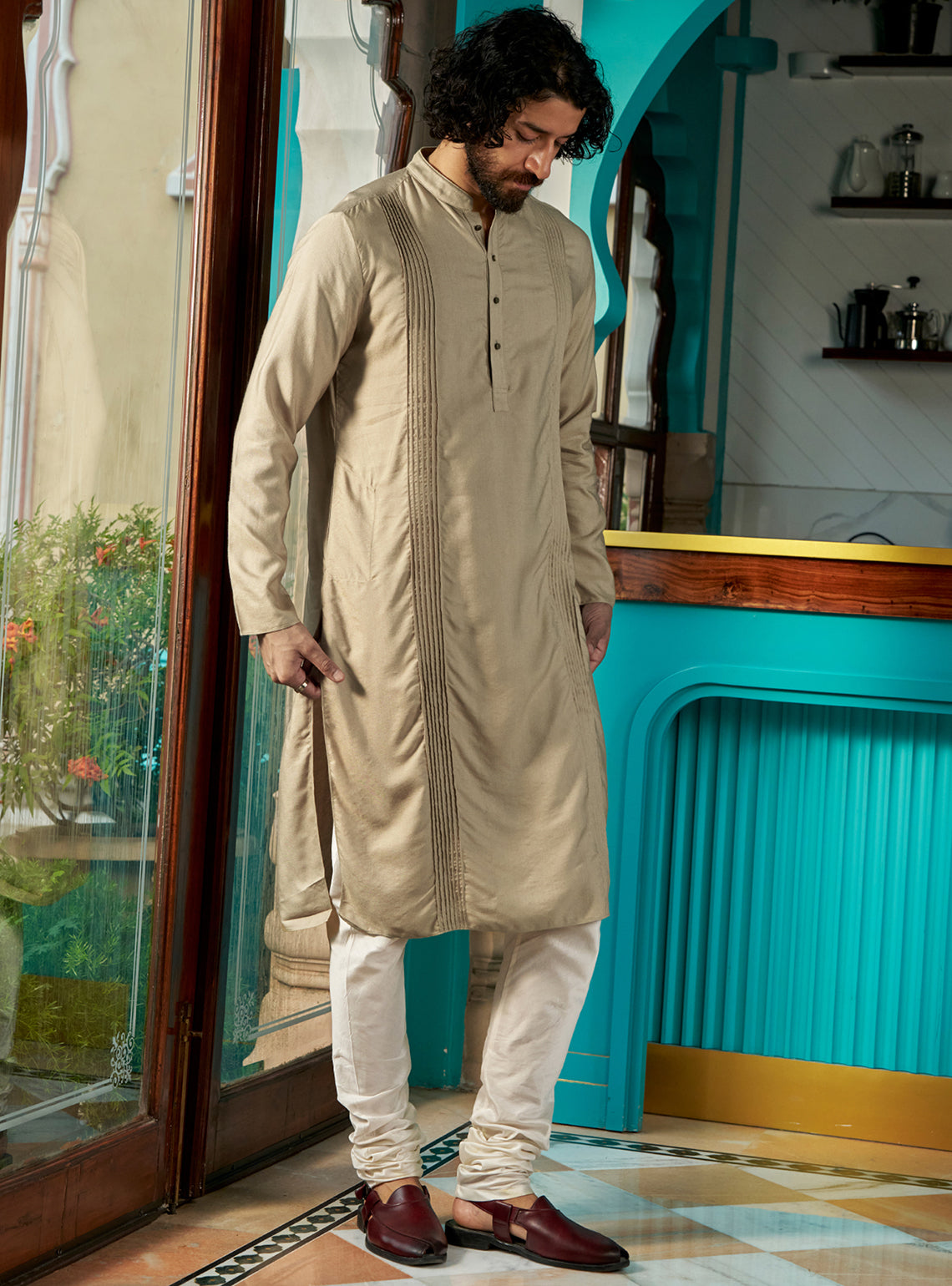 Ivra Beige Viscose Silk Kurta