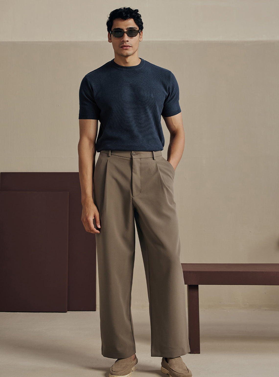 Marine Navy Moss Knit Cotton Crewneck