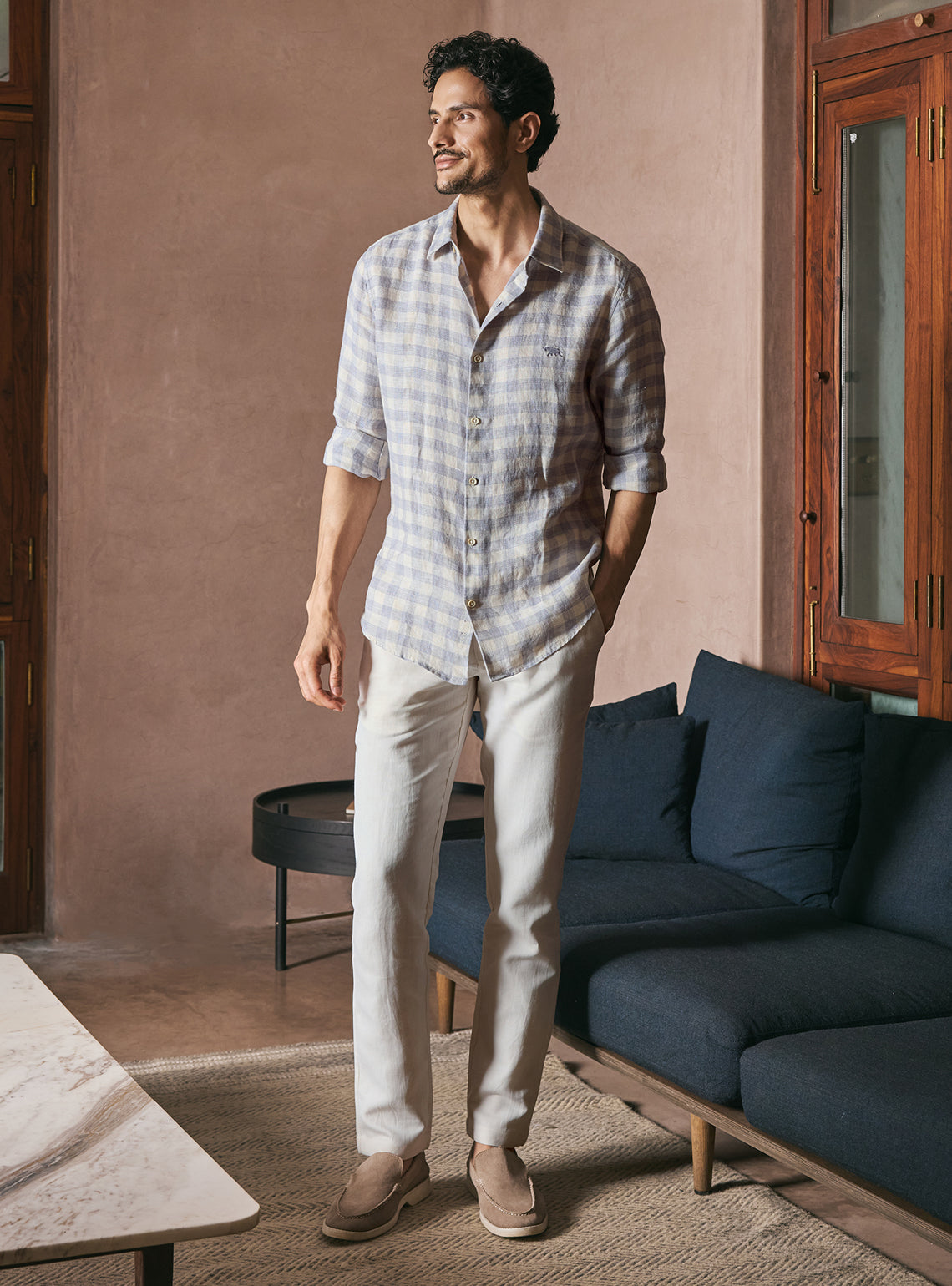 Canvas Beige Check Linen Shirt