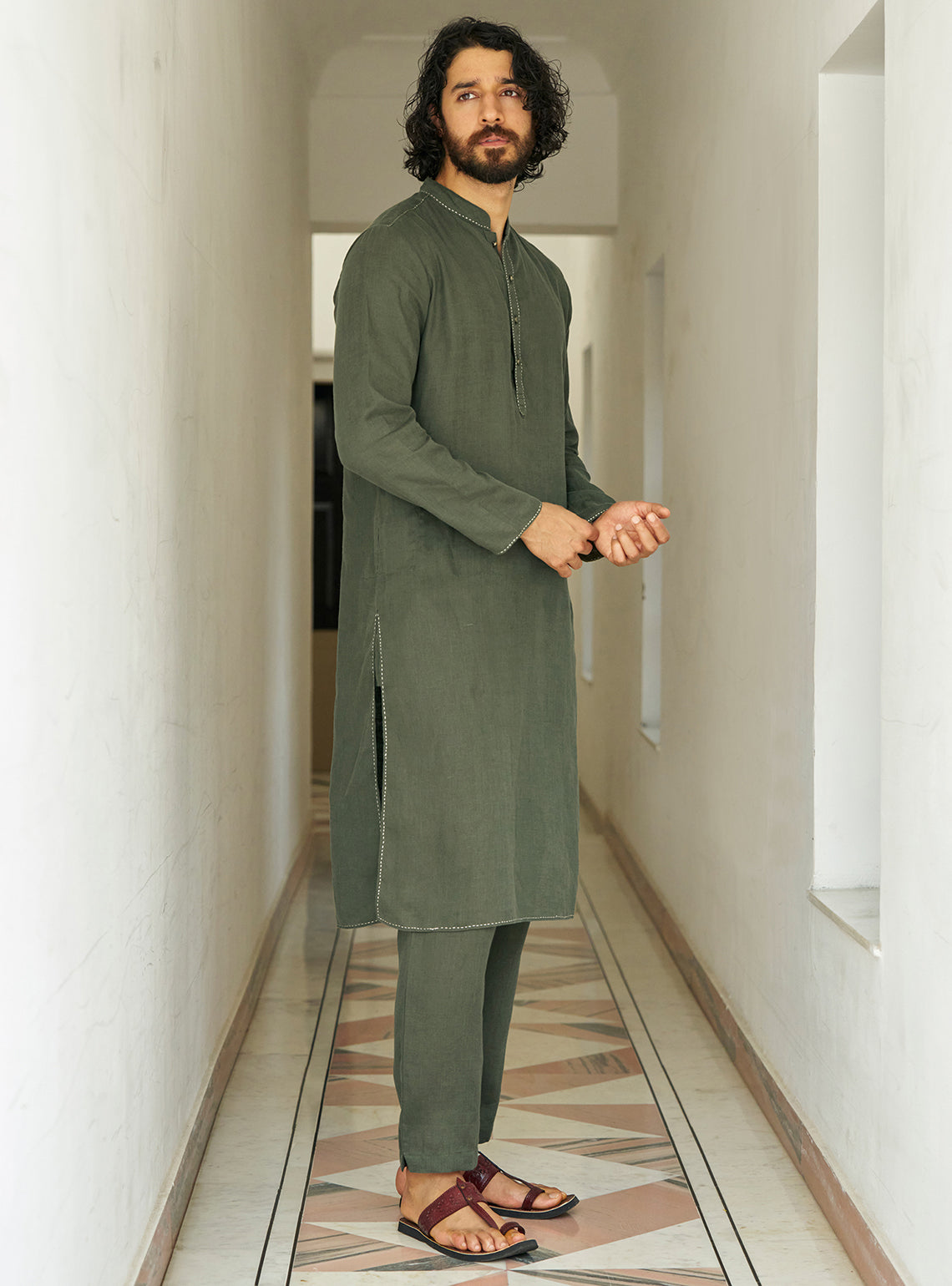 Nivaar Olive Linen Kurta