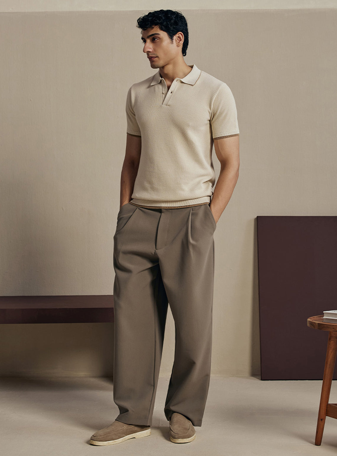 Chalky Off White Moss Knit Cotton Polo