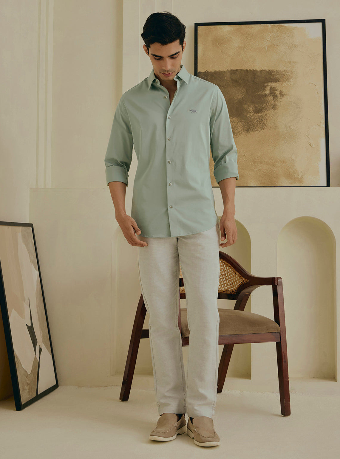 Pistachio Green Cotton Stretch Satin Shirt