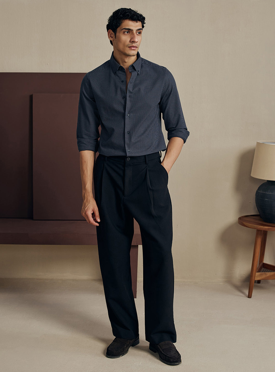 Ink Black Houndstooth Dobby Cotton Shirt