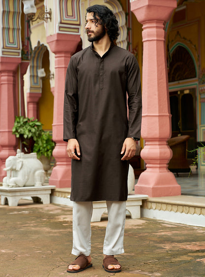 Dharti Brown Cotton Blend Melange Kurta