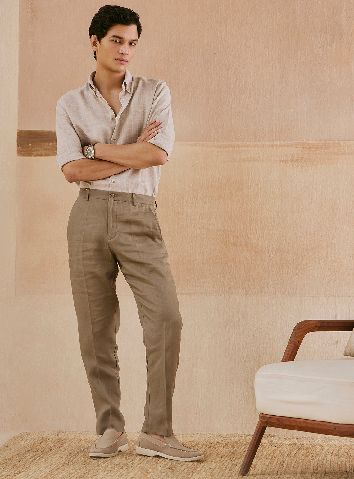 Frost Check Buy Khaki Frost Check Linen Shirt | Casual Khaki Check Shirt Neck for ...