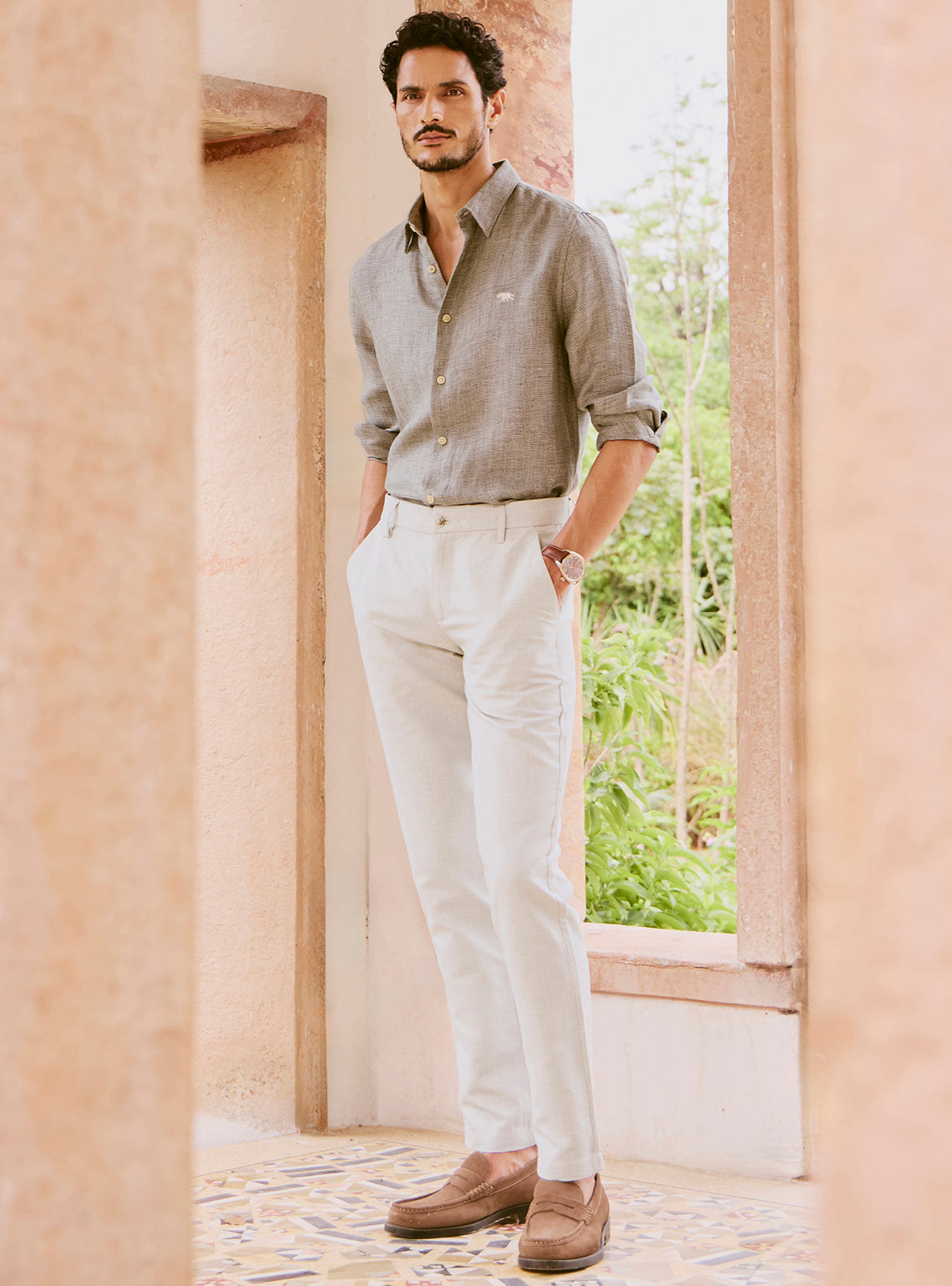 Timber Grey Cotton Linen Dobby Trousers
