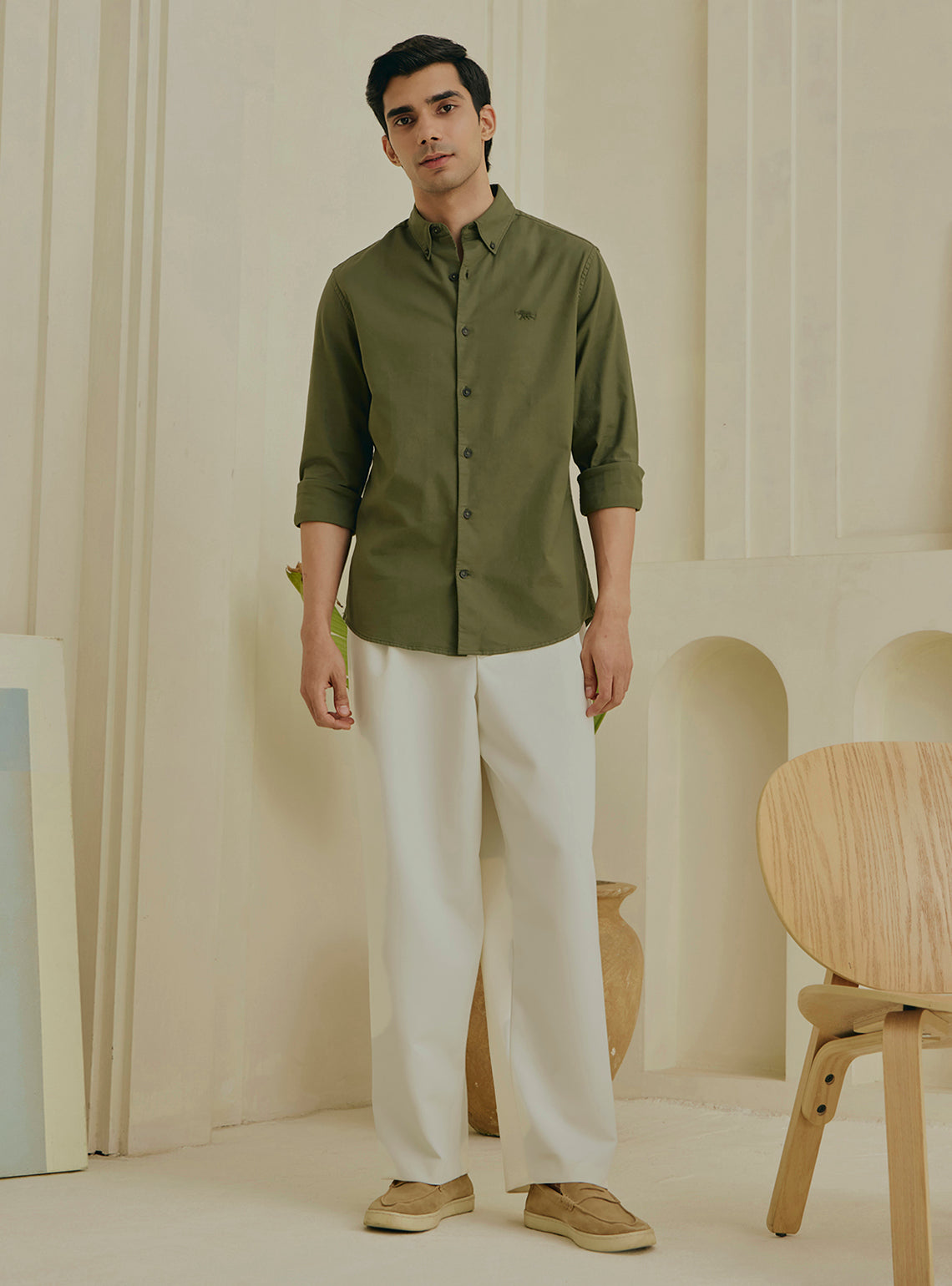 Arugula Olive Cotton Stretch Oxford Shirt