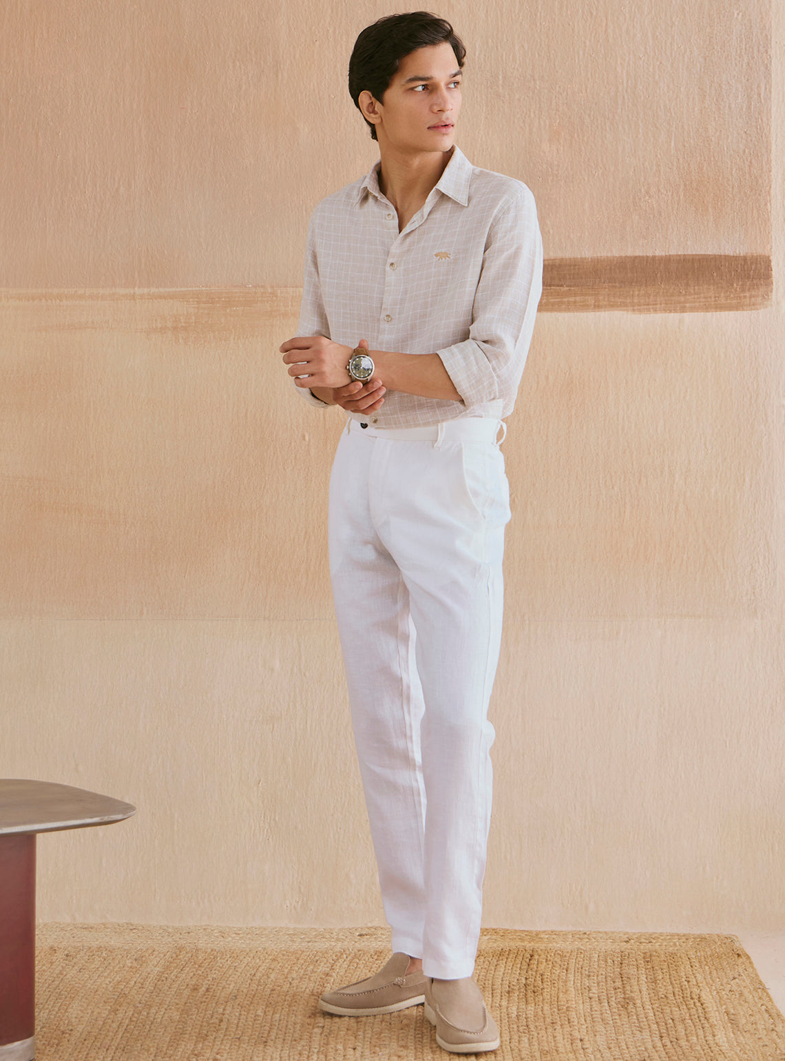 Pearl Beige Check Linen Shirt