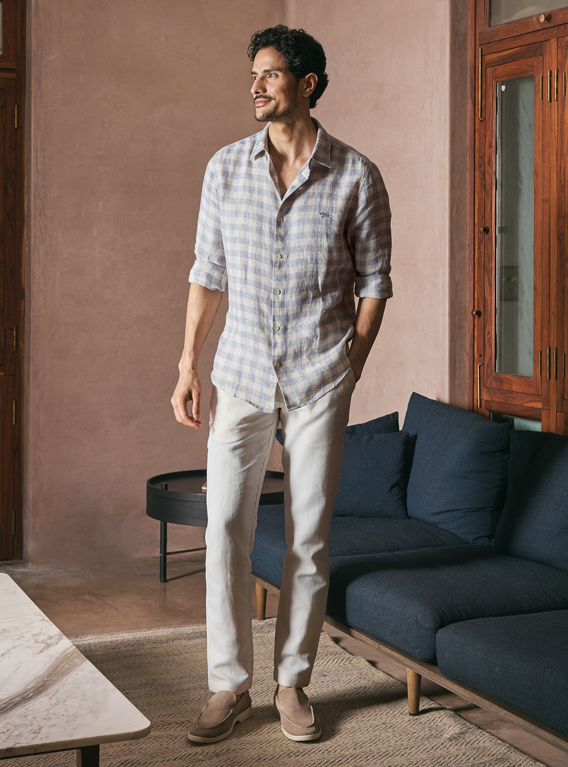 Canvas Beige European Linen Check Shirt