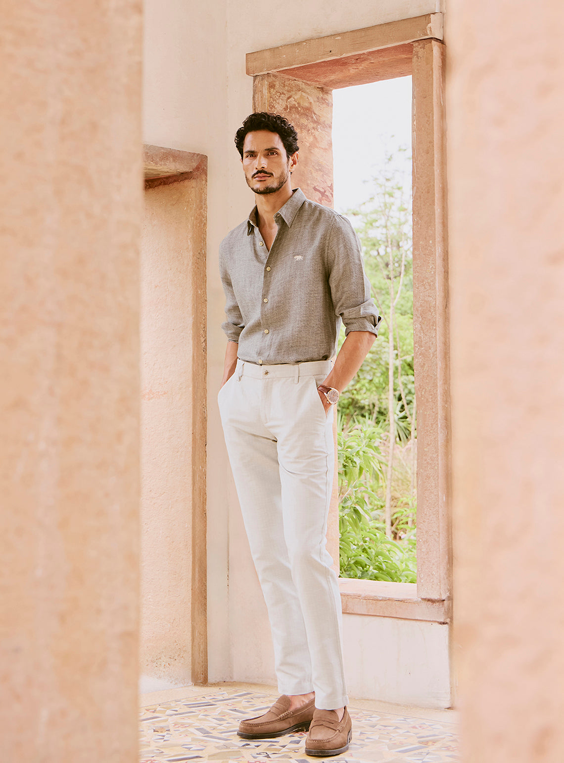 Buy Stone Moss Linen Shirt | Casual Green Structure Shirt Neck for