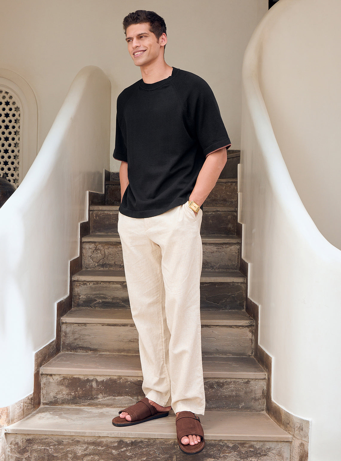 Mako Black Cotton Pointelle Crew