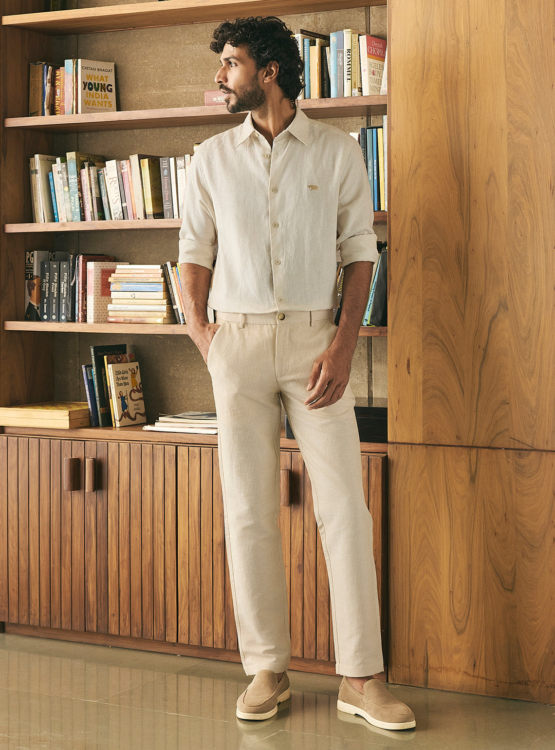 Dune Beige Linen Stripe Trousers